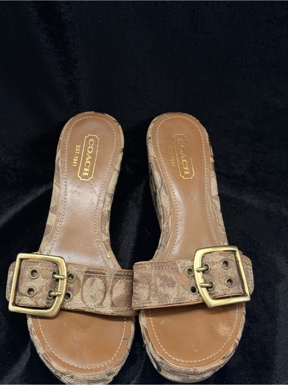 Vintage Coach Brown Signature Canvas Buckle wedges heels